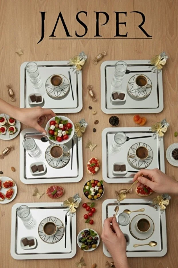 JASPER 6 Lı Paslanmaz Çelik Kare Model 6 Lı Kahve Tepsisi Kelebek Aksesuarlı Lüx Sunum